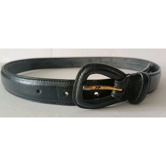 Vintage Ralph Lauren Belt Size Medium Womens Black Genuine Leather Gold Logo - Picture 1 of 9